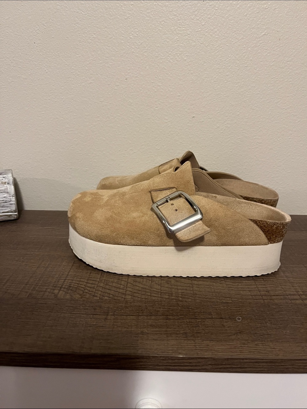 Madden Girl Tan Suede Platform Mules with Silver Buckle